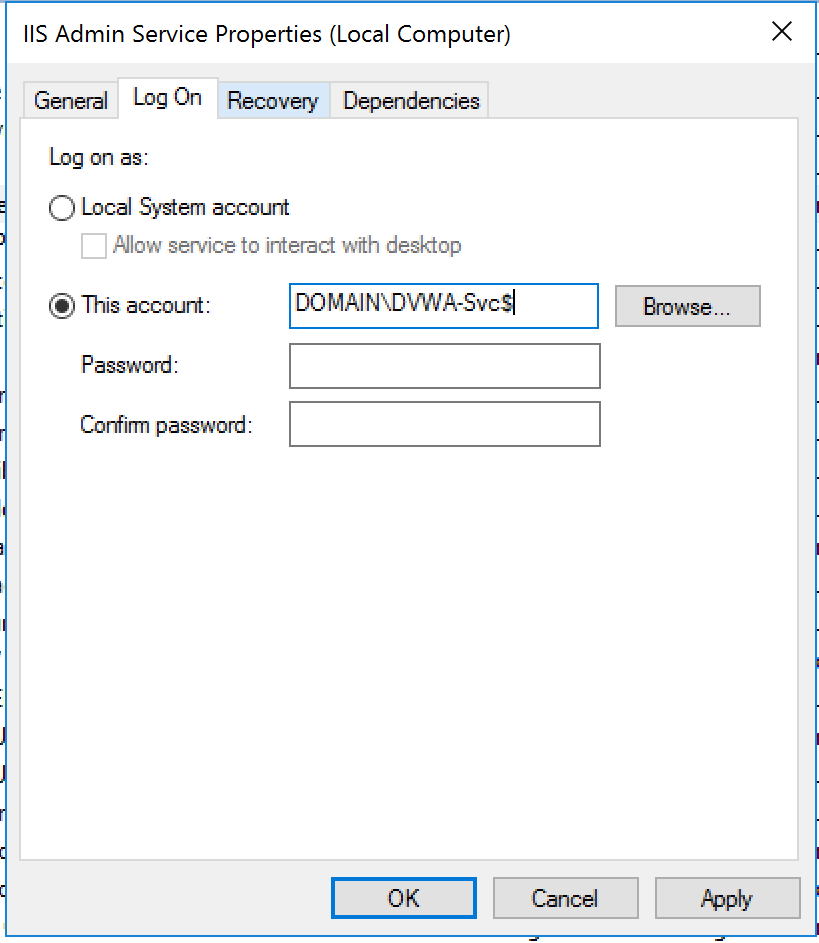 Windows service Log On properties using a group managed service account with empty password fields.