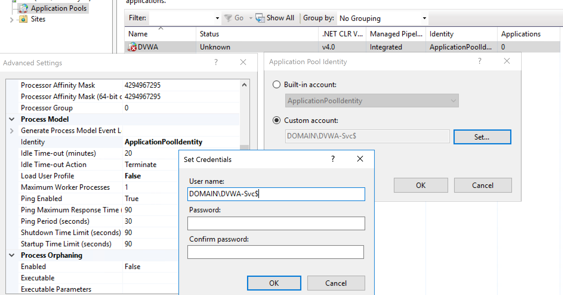 IIS application pool identity using a group managed service account with blank password fields.
