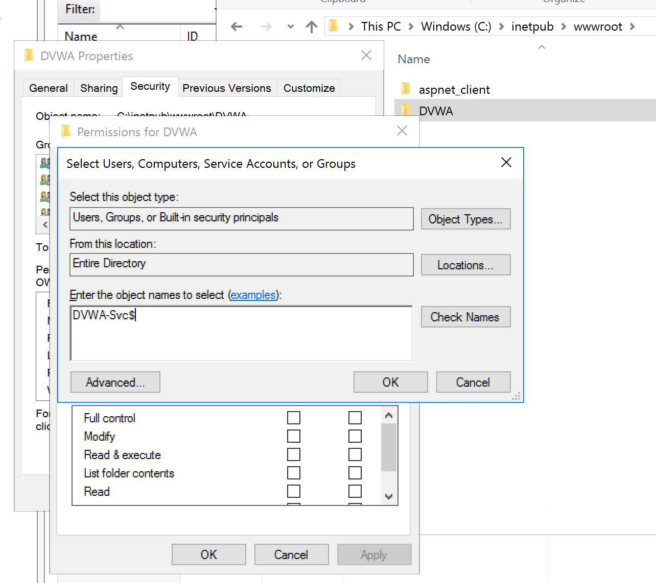 Original screenshot selecting the lab gMSA for filesystem access. Historical February 2021 lab configuration. Apply least-privilege permissions appropriate to the application; the screenshot is not a blanket permission recommendation. Windows folder permissions dialog selecting a group managed service account for the DVWA application folder.