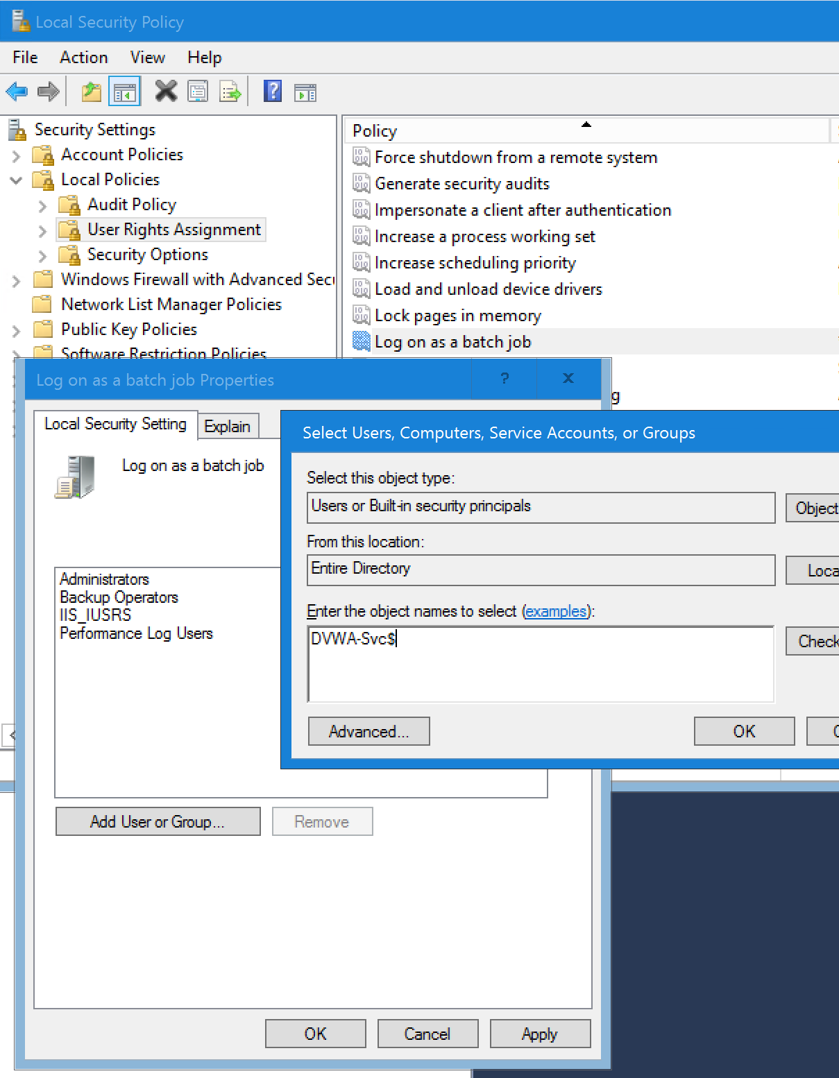 Local Security Policy adding the lab gMSA to Log on as a batch job.