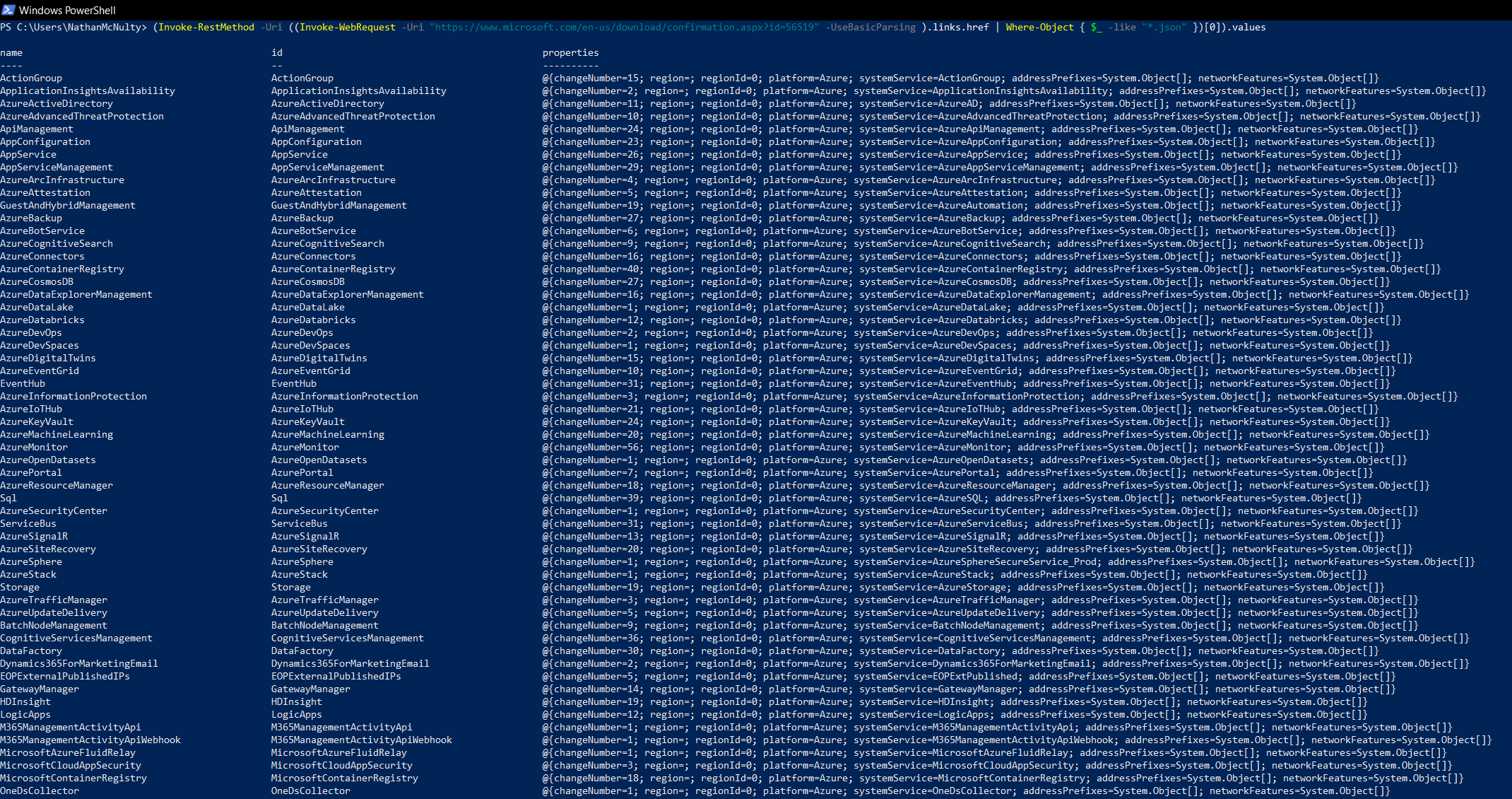 PowerShell output listing Azure service tags from the original download-page lookup.