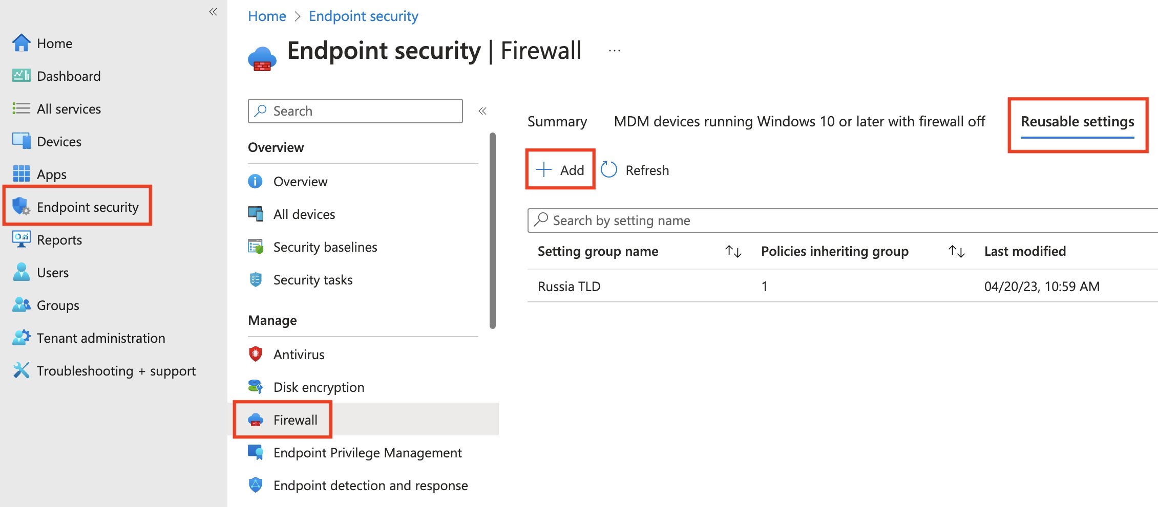 Intune Endpoint security Firewall page with Reusable settings and Add highlighted.