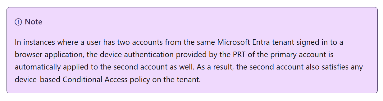 Microsoft PRT documentation note explaining device authentication for two accounts from the same Entra tenant in a browser.