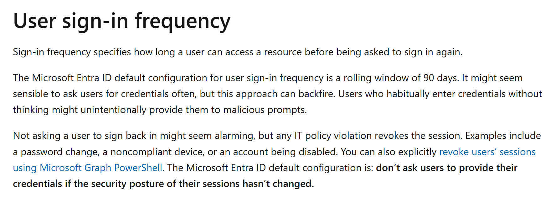 Original documentation excerpt introducing sign-in frequency and the risks of repeatedly asking users for credentials. Historical November 2025 documentation screenshot. Its broad session-revocation wording must not be treated as a guarantee for every application; use current, qualified guidance. Microsoft documentation describing user sign-in frequency, the rolling 90-day default, and reauthentication fatigue.