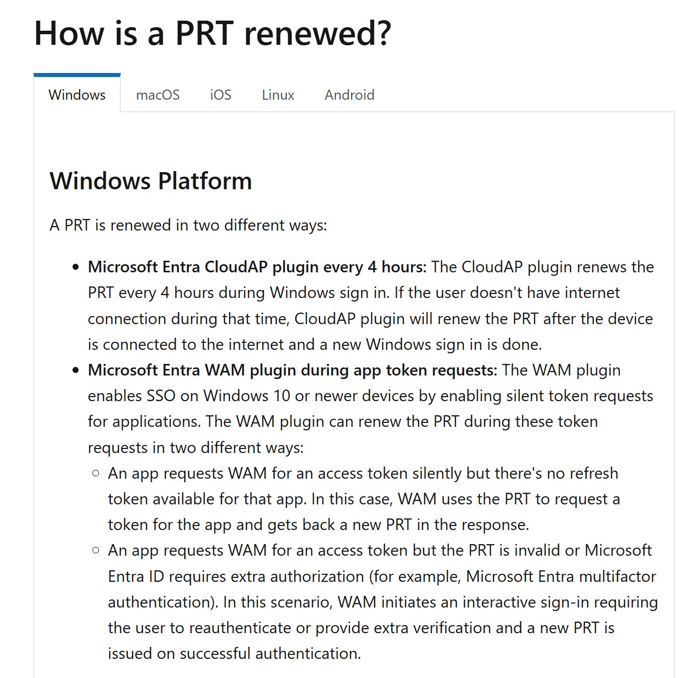 Original screenshot showing the Windows PRT renewal paths. Historical November 2025 documentation; renewal behavior and authentication timestamps need the articleâs accompanying explanation. Microsoft documentation explaining Windows PRT renewal through the CloudAP and WAM plugins.