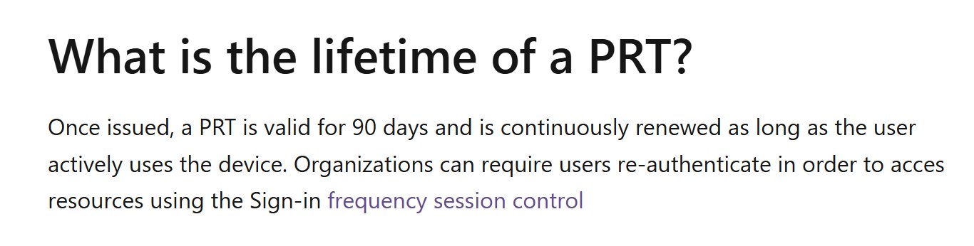 Original thread screenshot of the PRT lifetime documentation. Historical November 2025 documentation; a PRT lifetime is not the same as an application access-token lifetime. Microsoft documentation explaining a 90-day Primary Refresh Token lifetime and continuous renewal during active device use.