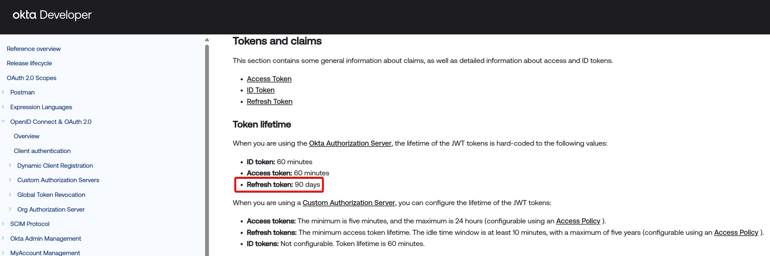 Okta documentation with the refresh-token lifetime of 90 days highlighted.