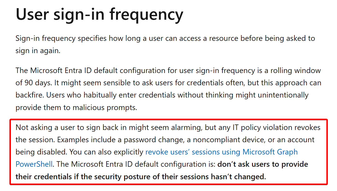 Microsoft sign-in-frequency documentation with the paragraph about changed security posture and session revocation highlighted.
