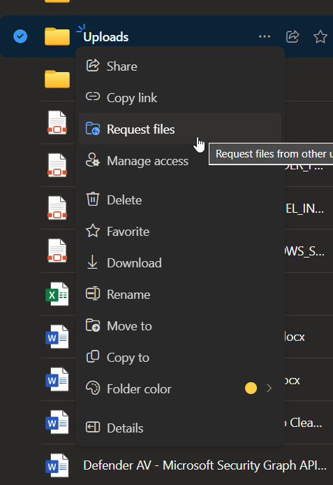 Original screenshot from my 22 May 2024 post. Select a folder, then choose Request files; menu placement may differ today. OneDrive context menu on the Uploads folder with Request files highlighted.