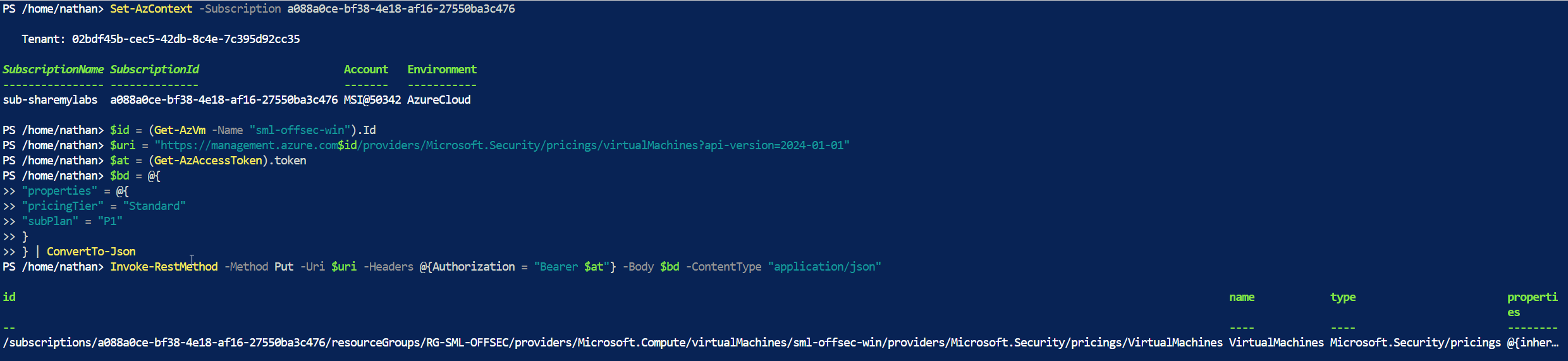 Original June 2024 example. The manual bearer-token handling is historical: current Get-AzAccessToken returns a SecureString. Use the current policy or REST walkthrough linked above rather than copying this screenshot. Historical PowerShell example enabling Defender for Servers Plan 1 for a single lab VM.
