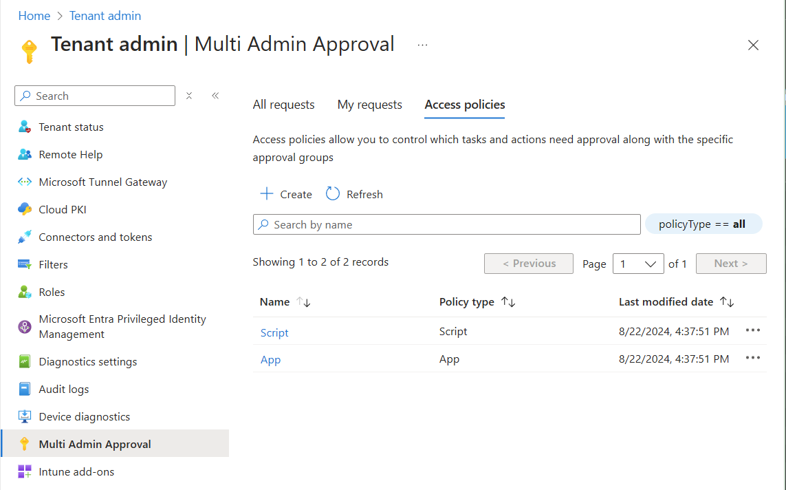 Original August 2024 Intune access-policies screenshot. Portal navigation and policy scope may differ today. Intune Multi Admin Approval access policies showing separate Script and App policy types.