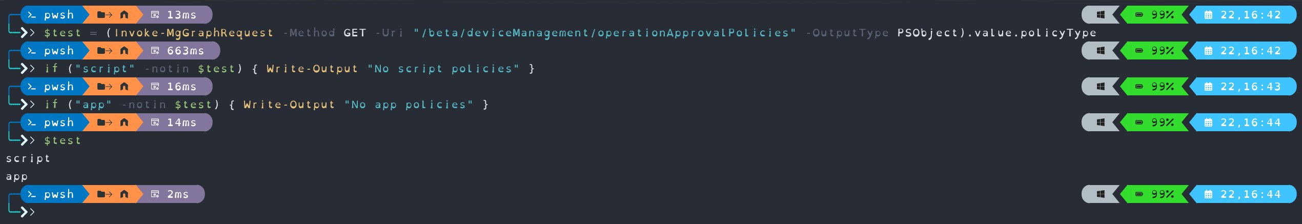 Original August 2024 Graph beta query and output. The text above now clarifies single-response paging limits. PowerShell querying Intune operation approval policies and returning script and app policy types.