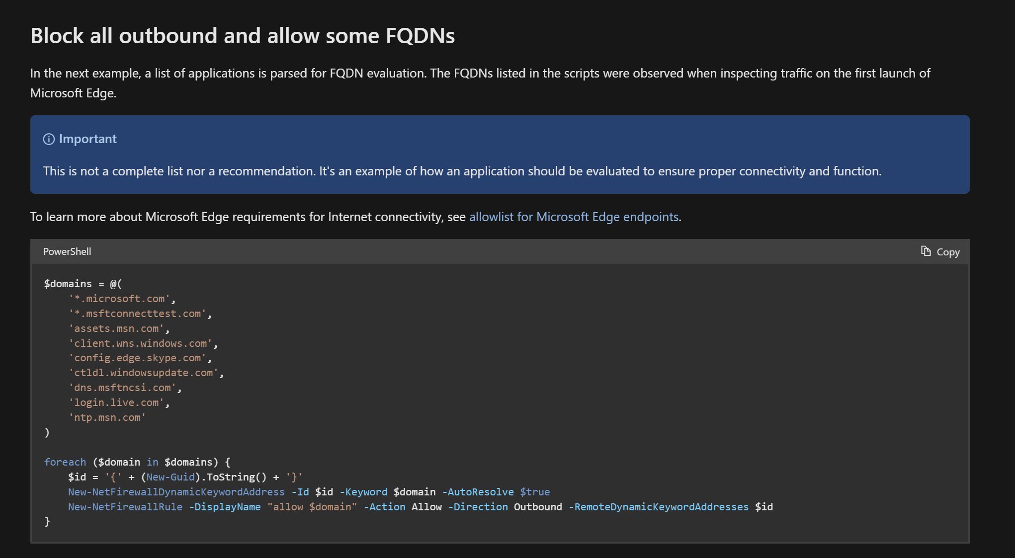 Historical Firewall documentation screenshot from my 20 November 2024 post. This incomplete allowlist example is not a recommendation. Microsoft documentation showing an illustrative outbound FQDN allowlist script and a warning that its domain list is incomplete.