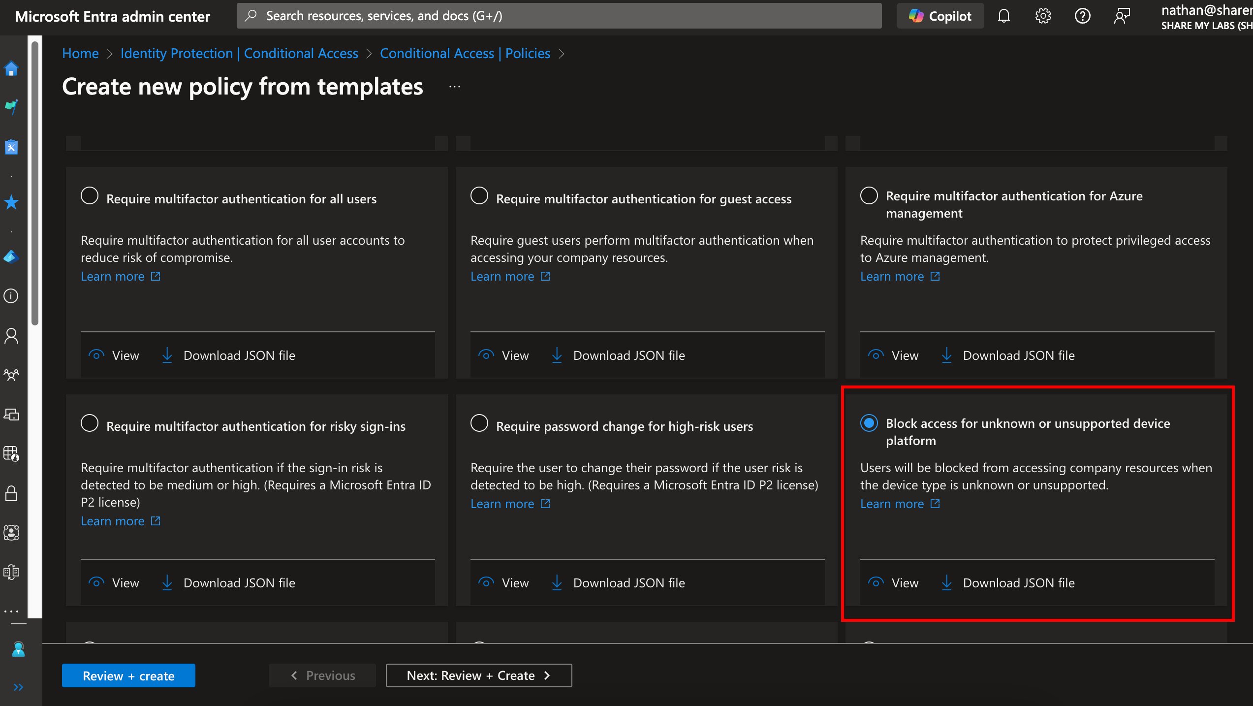 Conditional Access template gallery with Block access for unknown or unsupported device platform selected and outlined in red.