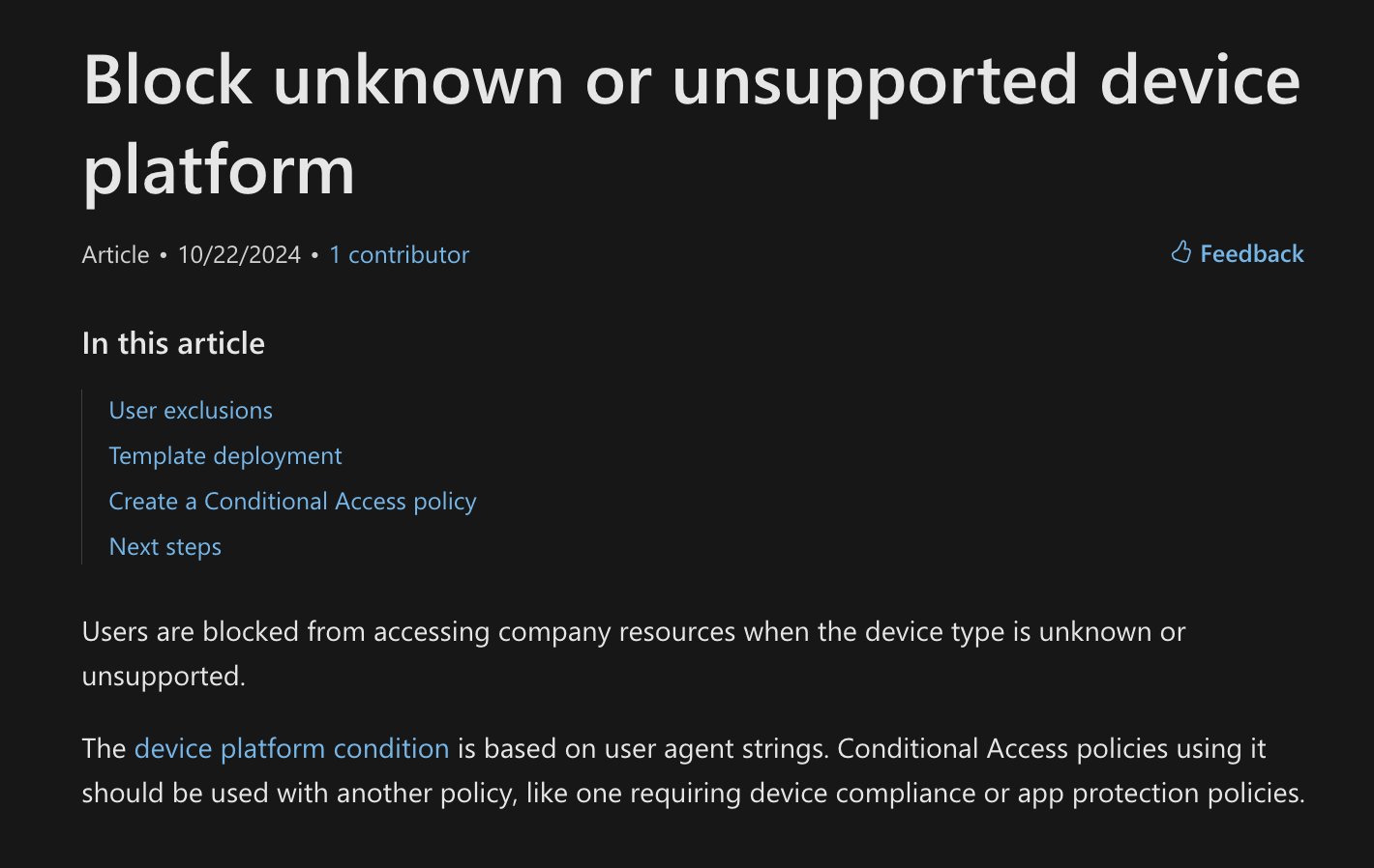 Microsoft Learn article explaining unknown-platform blocking, including its warning to combine user-agent-based checks with device compliance or app protection.