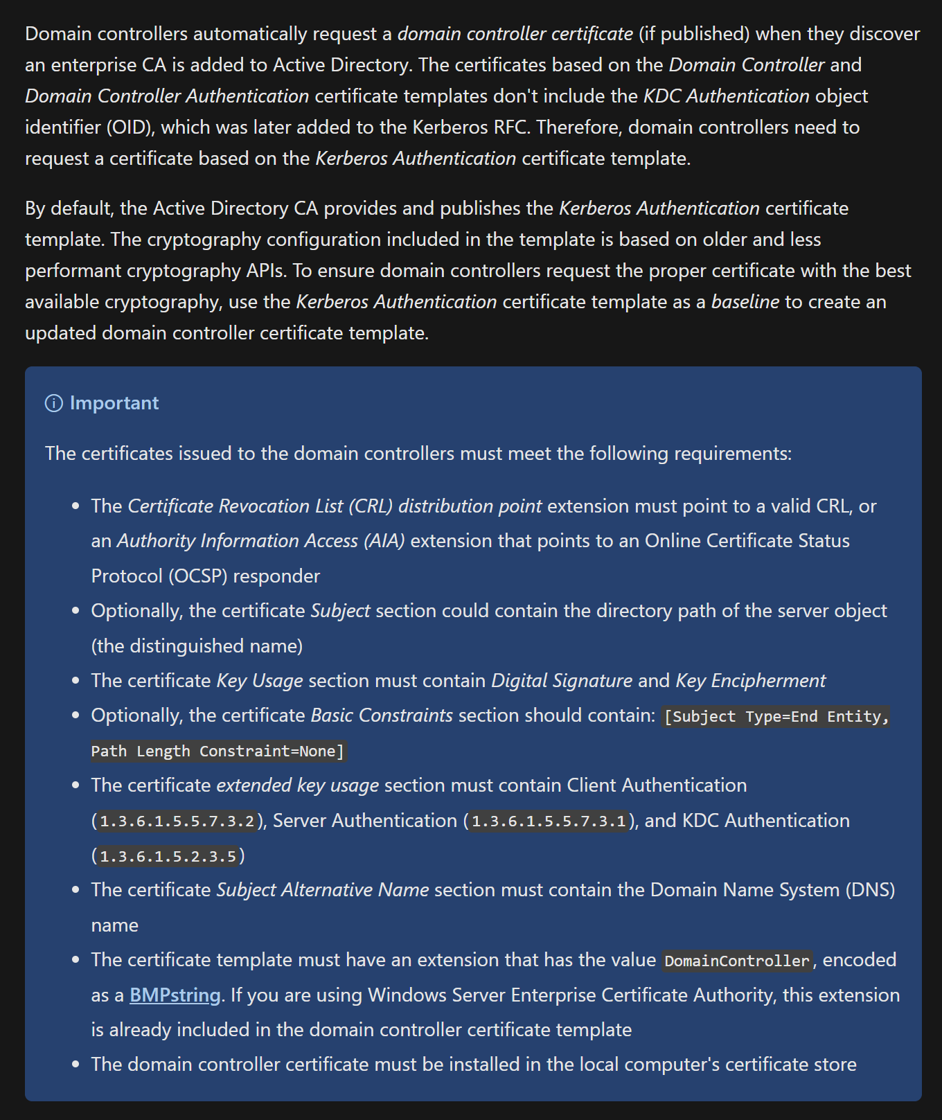 Microsoft documentation describing domain-controller certificate requirements for Windows Hello key trust.