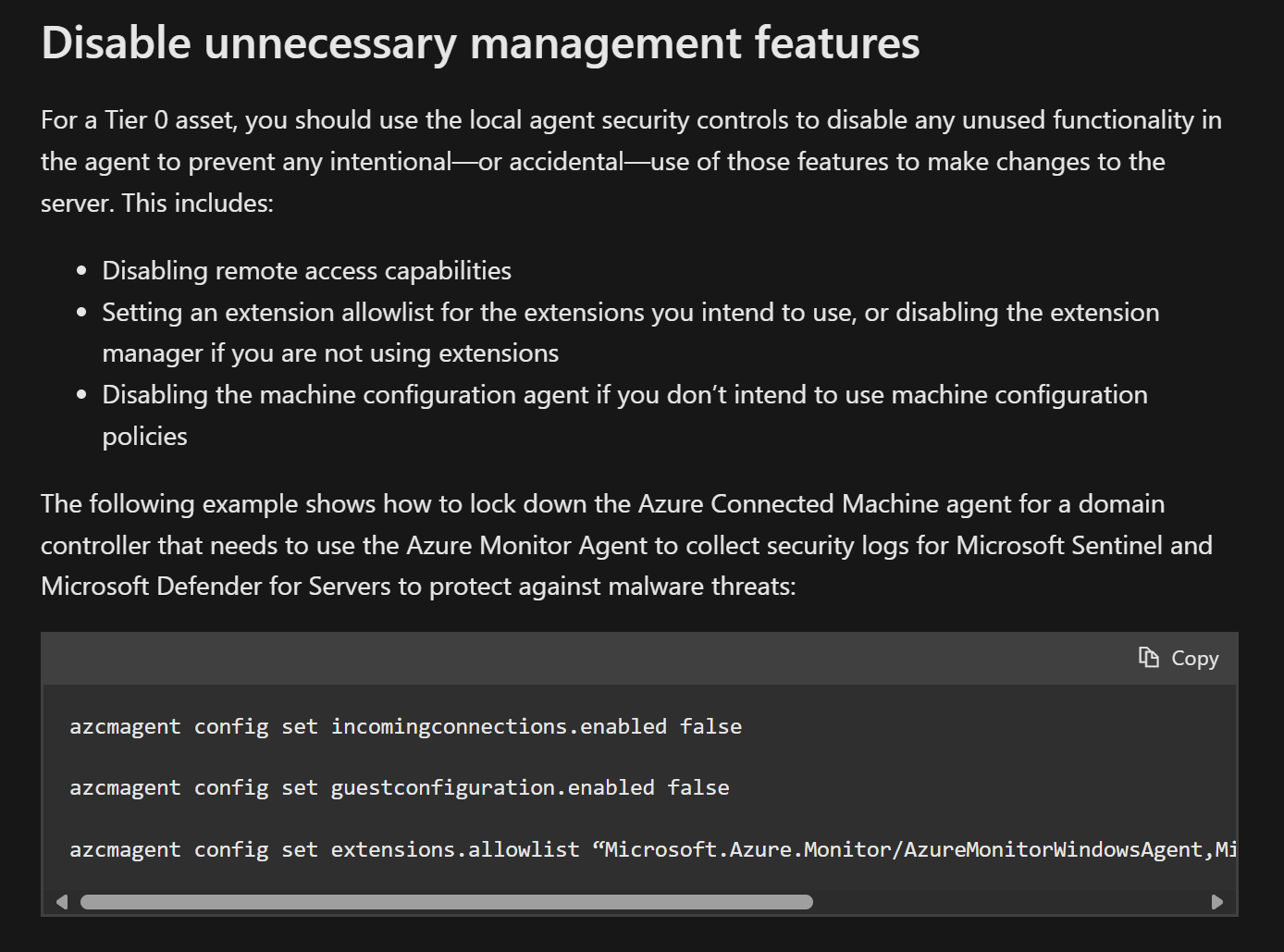 Original February 2025 documentation screenshot. The example command is cut off horizontally; use the complete current guidance linked above. Microsoft guidance to disable unnecessary Arc management features on Tier 0 assets.