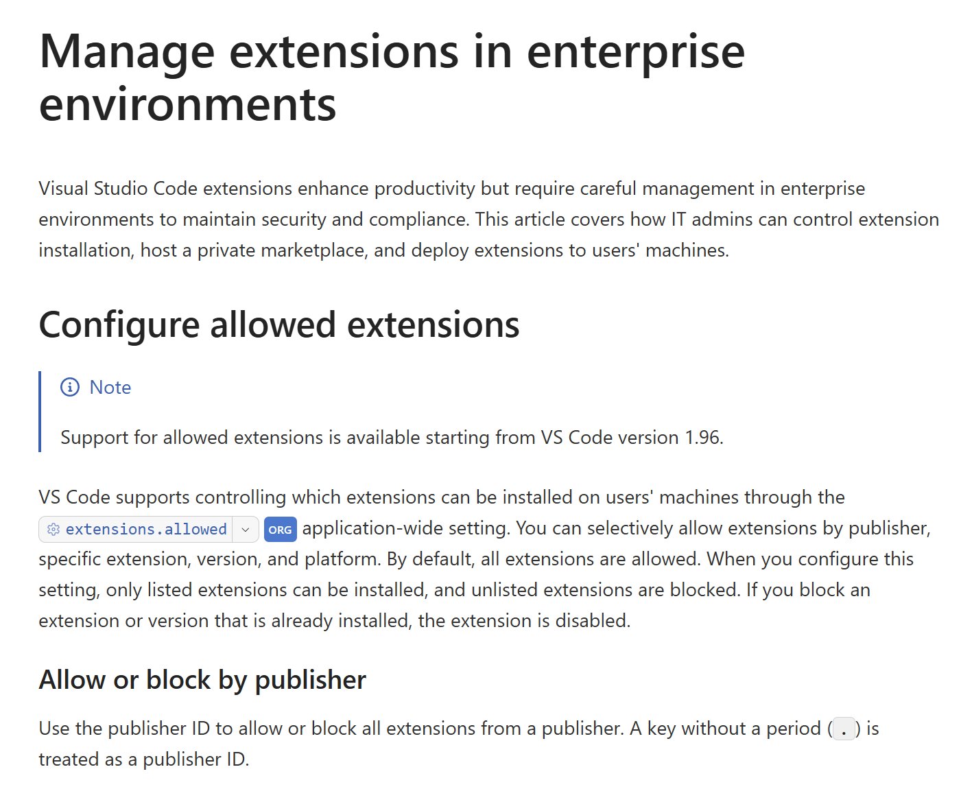 Original screenshot from the May 2026 post showing how VS Code allows or blocks extensions by publisher, extension, version, and platform. Documentation screenshot captured for the May 2026 post; wording and version guidance may change. VS Code documentation showing the extensions.allowed setting and support beginning with version 1.96.
