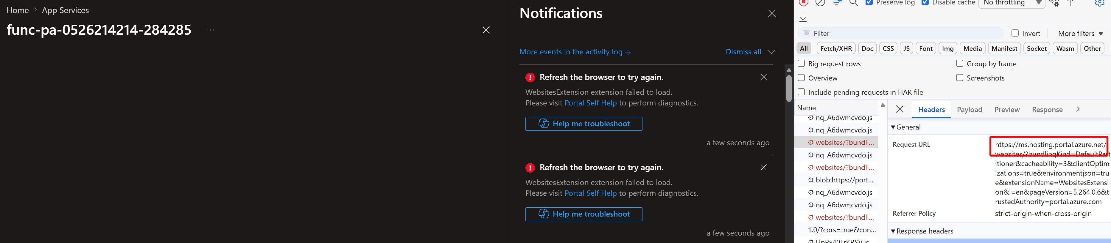 Azure App Services portal errors beside developer tools showing a failed hosting.portal.azure.net request.