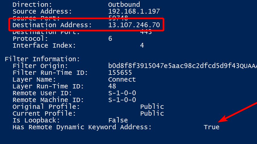 Windows Filtering Platform block detail with destination IP 13.107.246.70 and Remote Dynamic Keyword Address set to True.