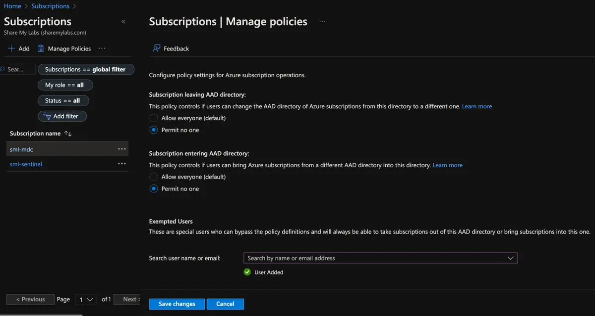 Historical screenshot from the original March 2023 article. The Allow everyone (default) labels predate the May 2026 default change. Historical subscription transfer policies with both directions set to Permit no one.