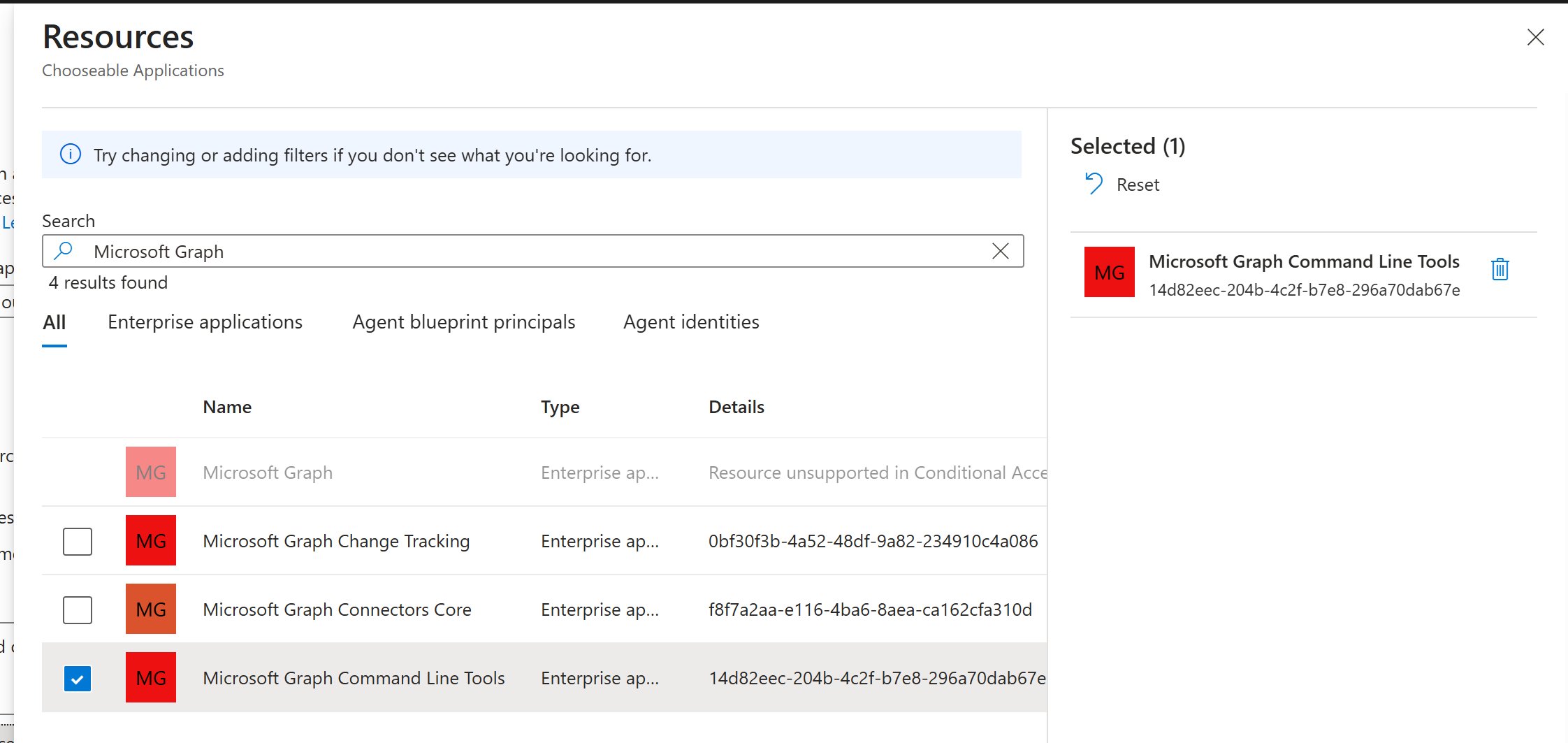 Entra Conditional Access resource selector with Microsoft Graph Command Line Tools selected while Microsoft Graph itself is marked unsupported.