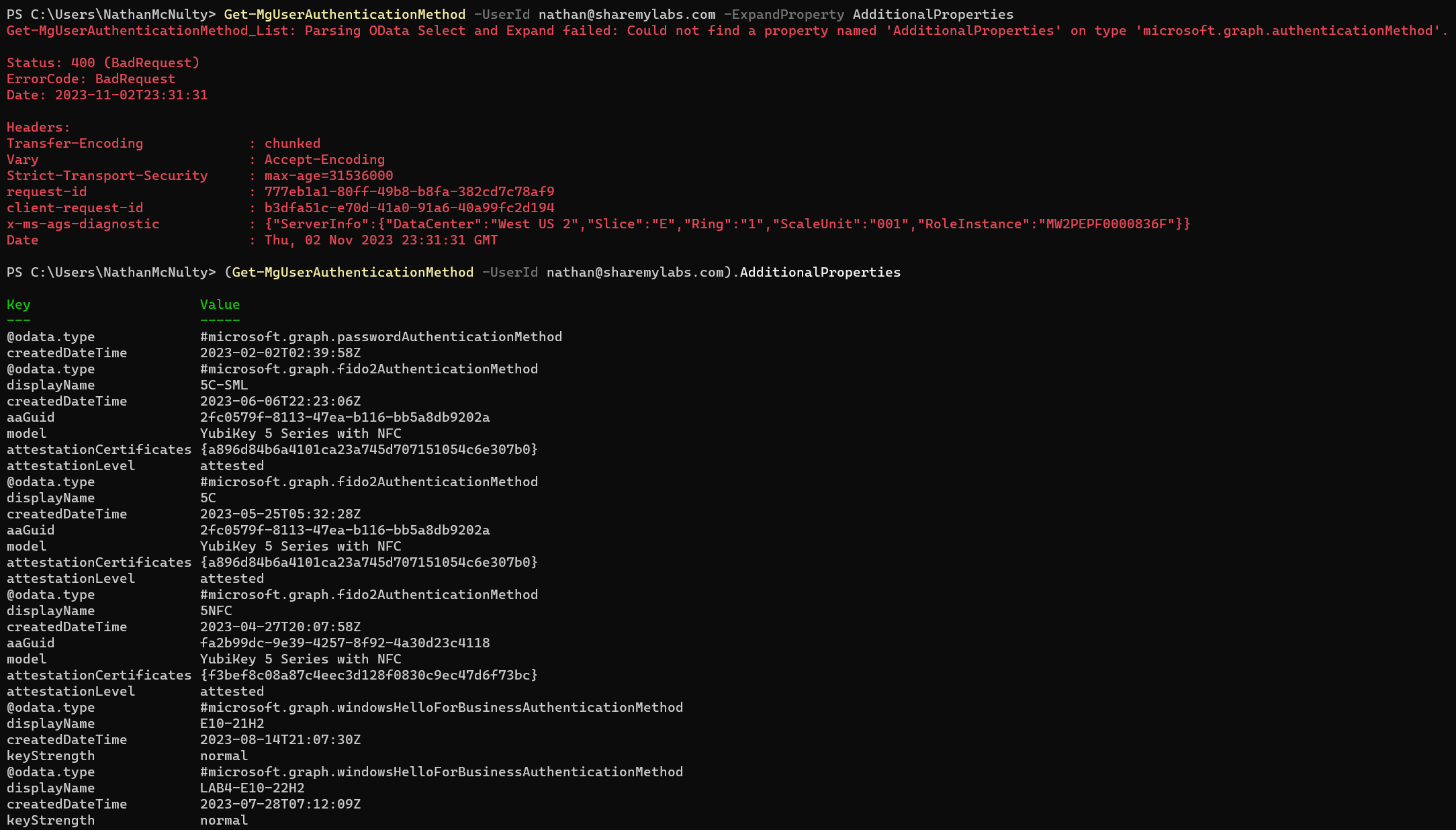 Graph PowerShell console showing a failed ExpandProperty request and inspection of authentication-method AdditionalProperties.