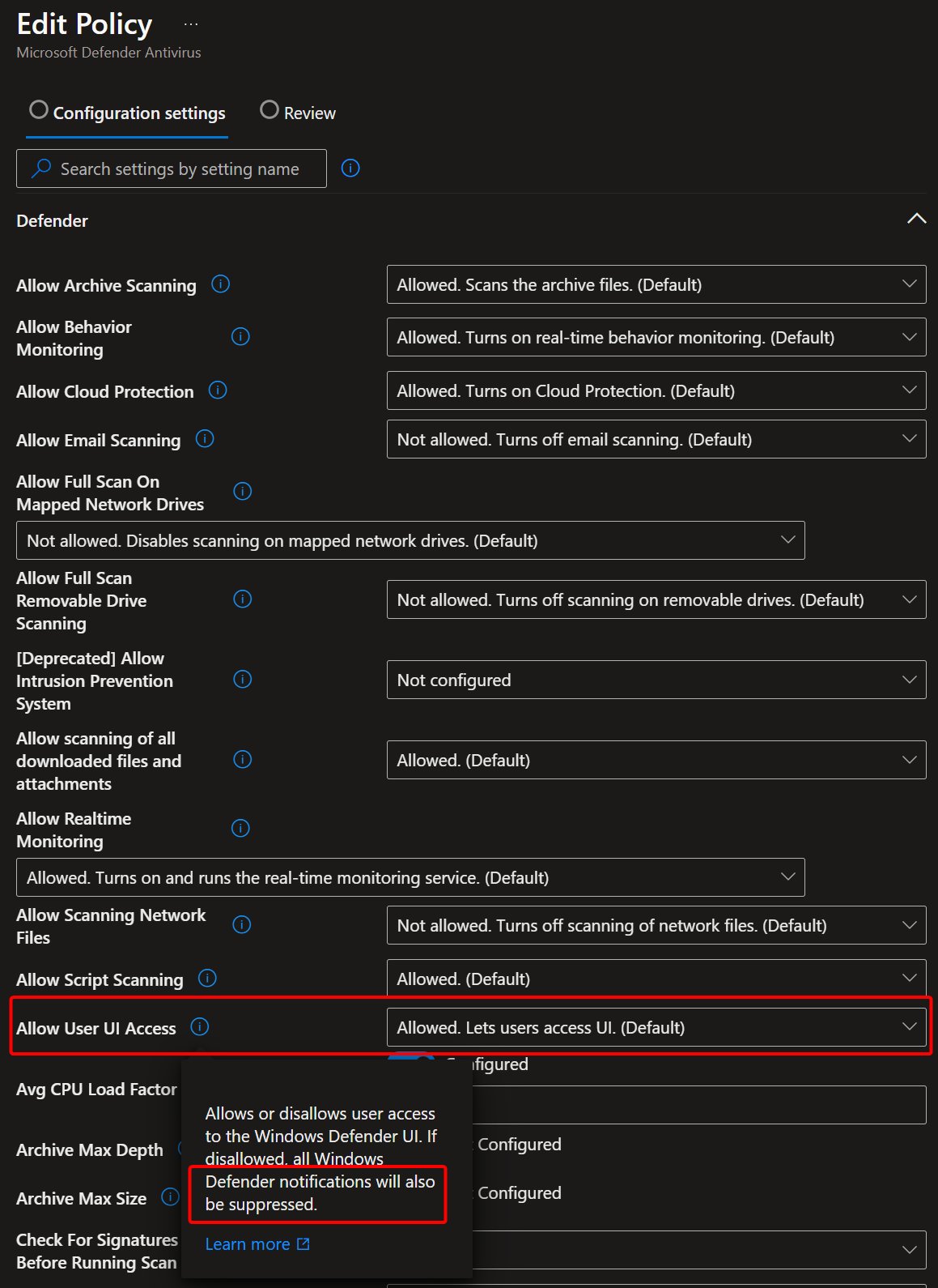 Intune policy editor highlighting Allow User UI Access and its warning that disabling the UI also suppresses Defender notifications.