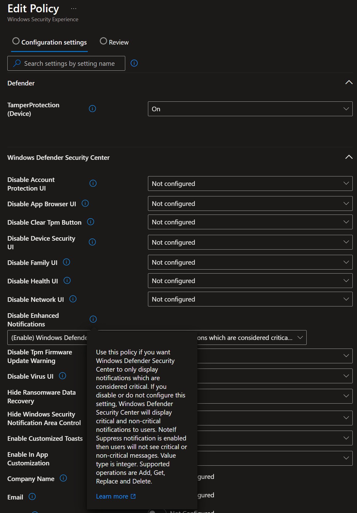 Windows Security Experience policy editor showing Disable Enhanced Notifications and the tooltip explaining critical-only notifications.