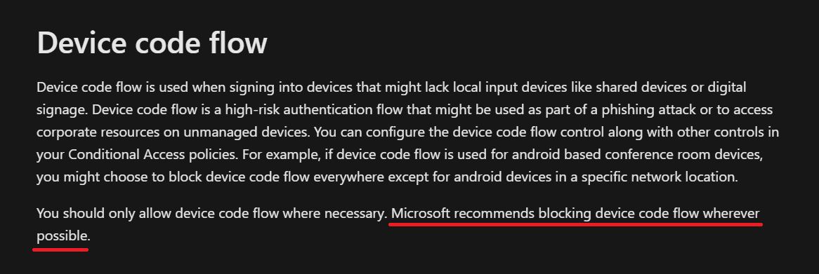 Microsoft device-code documentation with its recommendation to block device-code flow wherever possible underlined.